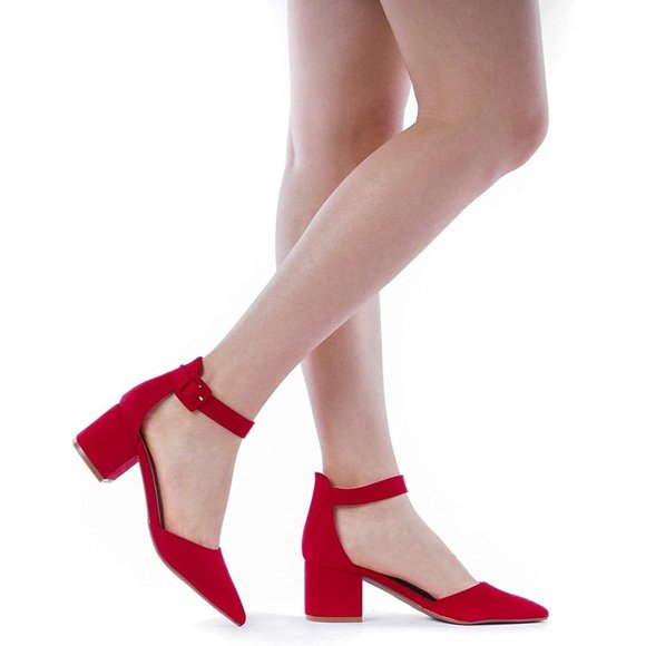 Pointed Toe Low Chunky Red Heels Pump Shoes anti-slip outsole Adjustable Buckle - Picture 6 of 9